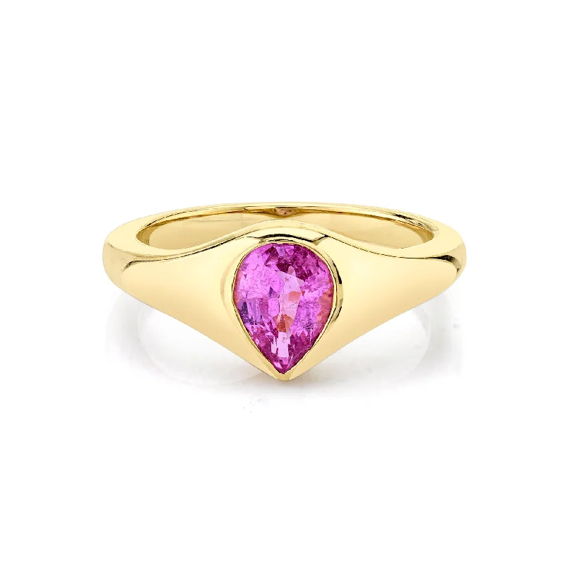 infinity rings for women-Pear Flush Set Signet - Pink Sapphire / 14k Yellow Gold