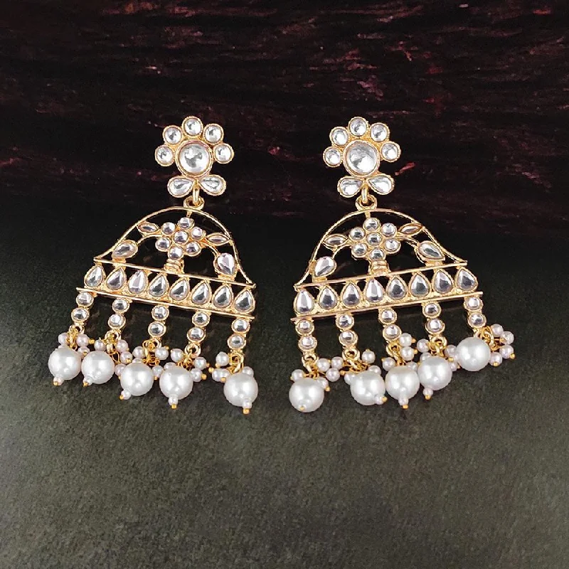 cocktail earrings for women-Kriaa Gold Plated White Beads and Kundan Dangler Earrings - 1316373A