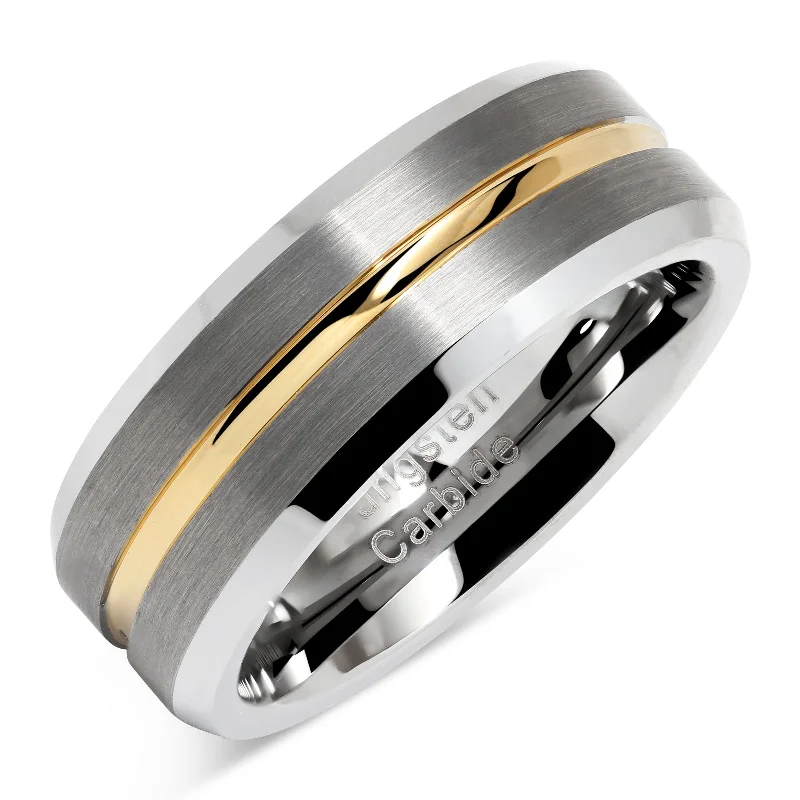 diamond engagement rings for women-Tungsten Rings for Men Two Tone Silver Wedding Bands Gold Grooved Matte Finish Size 6-16