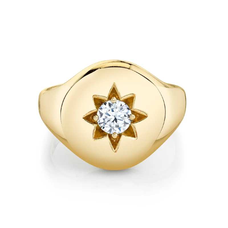 gemstone cluster rings for women-Star Set Signet Ring - White Diamond / 14k Yellow Gold