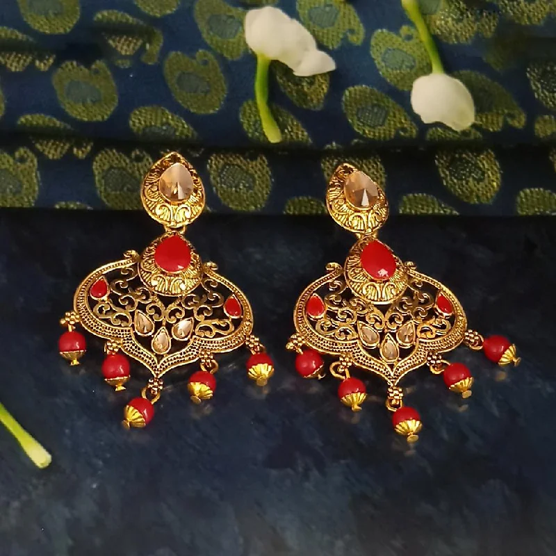 diamond stud earrings for women-JD Arts Antique Gold Plated Kundan Red Beads Dangler Earrings - 1317625B