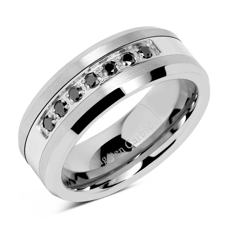 classic diamond engagement rings for women-8mm Men's Tungsten Ring Black Cz Inlay Wedding Band Titanium Color Size 8-16