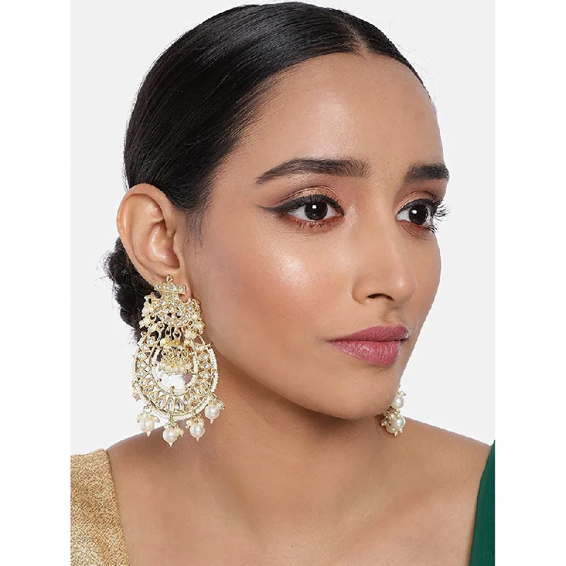 long earrings for women-Etnico 18K Gold Plated Kundan & Pearl Traditional Handcrafted Jhumki Earrings for Women/Girls (E2793W)