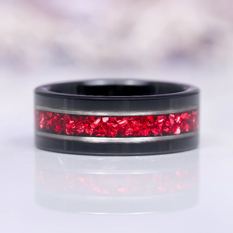 diamond and ruby engagement rings for women-Crushed Red Garnet Wedding Band - 8MM Black Tungsten