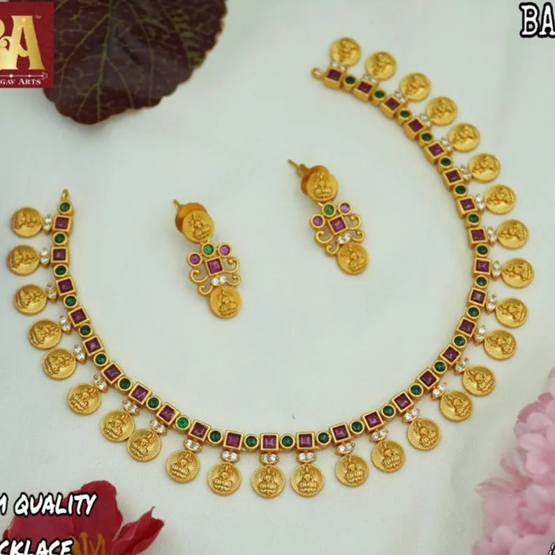 ethnic necklaces for women-Bhargav Arts Gold Plated Pota Stone Temple Necklace Set