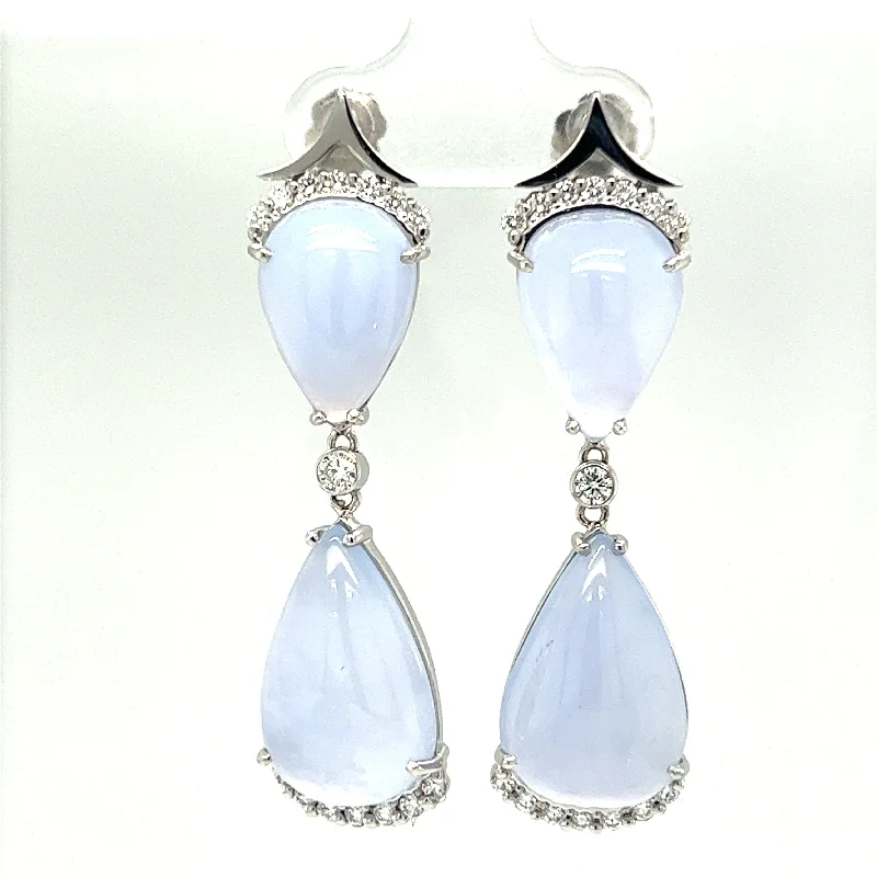 modern earrings for women-14K White Gold 30.88 CTW Chalcedony and Diamond Dangle Earrings