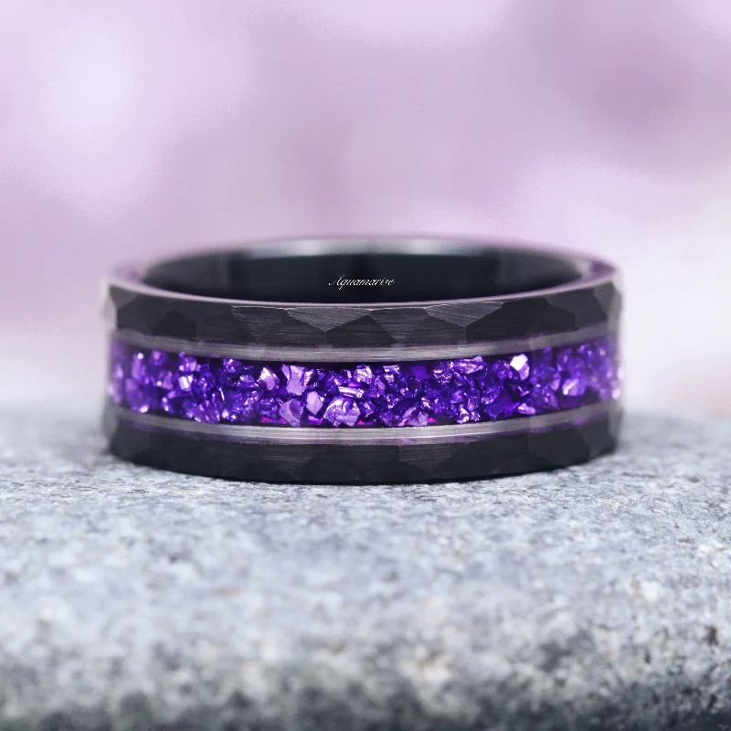 high-end engagement rings for women-Crushed Amethyst Wedding Band- 8MM Black Tungsten