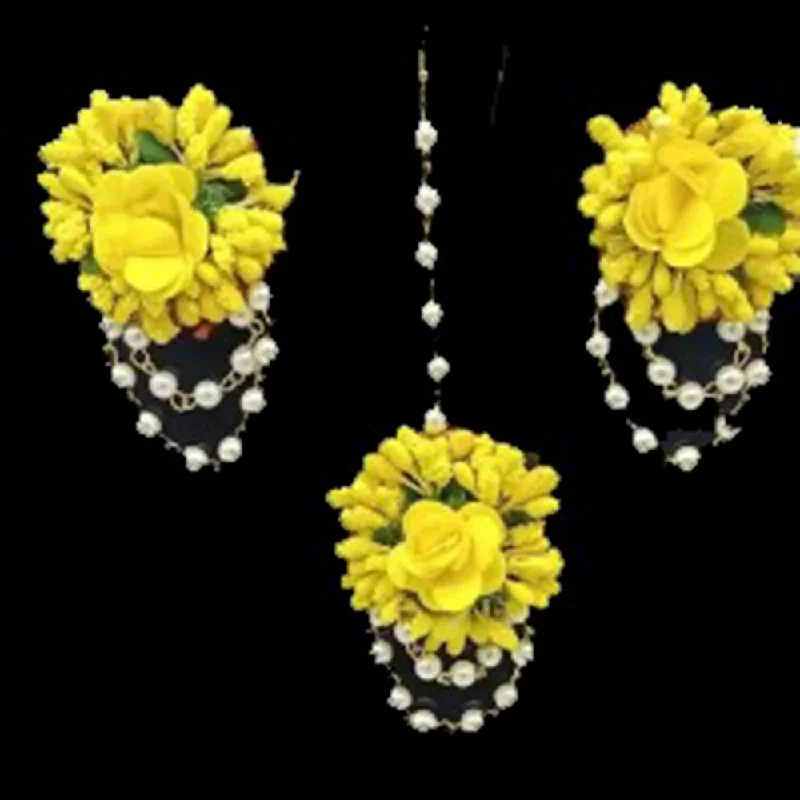 customized earrings for women-Kavyas Kreation Yellow Floral Design Earrings With Maang tikka