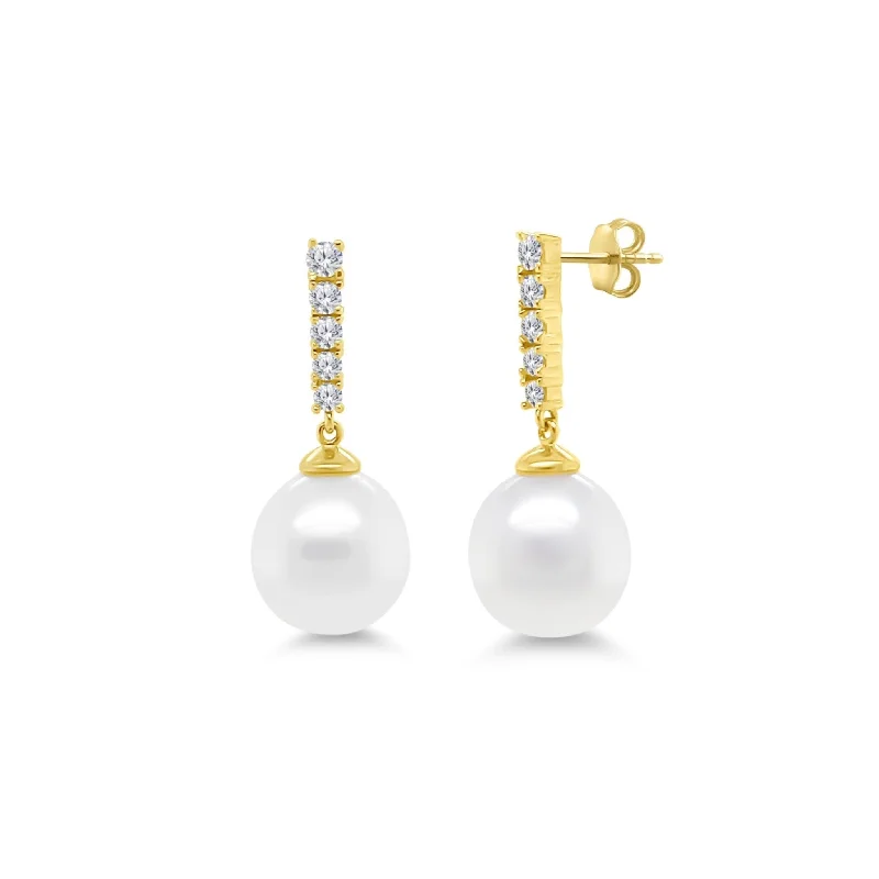 flower earrings for women-Diamond Bar & Pearl Dangle Earrings