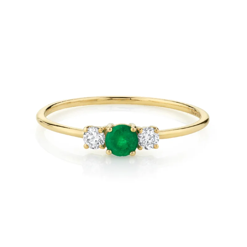 antique diamond rings for women-Three Stone Band - White Diamond and Emerald / 14k Yellow Gold