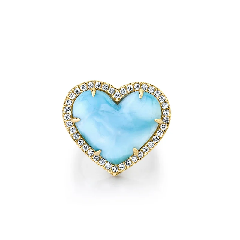 vintage rings for women-Juicy Heart Ring - White Diamond and Blue Larimar / 14k Yellow Gold