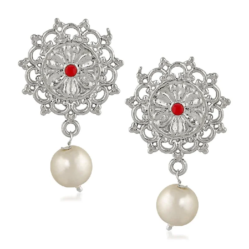 modern earrings for women-Mahi Red Kundan and Artificial Pearl Traditional Floral Dangler Earrings for Women (VECJ100235)