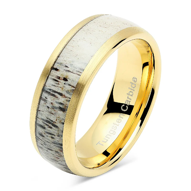 oval engagement rings for women-100S JEWELRY Tungsten Rings for Men Gold Wedding Band Antler Inlaid Dome Edge Matte Finish Size 8-16