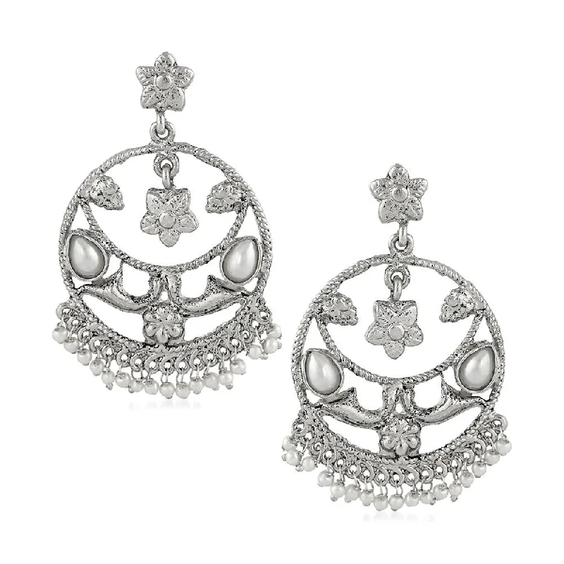 silver chandelier earrings for women-Mahi Floral Dangler Traditional Ethnic Artificial Pearl Earrings for Women(VECJ100233)