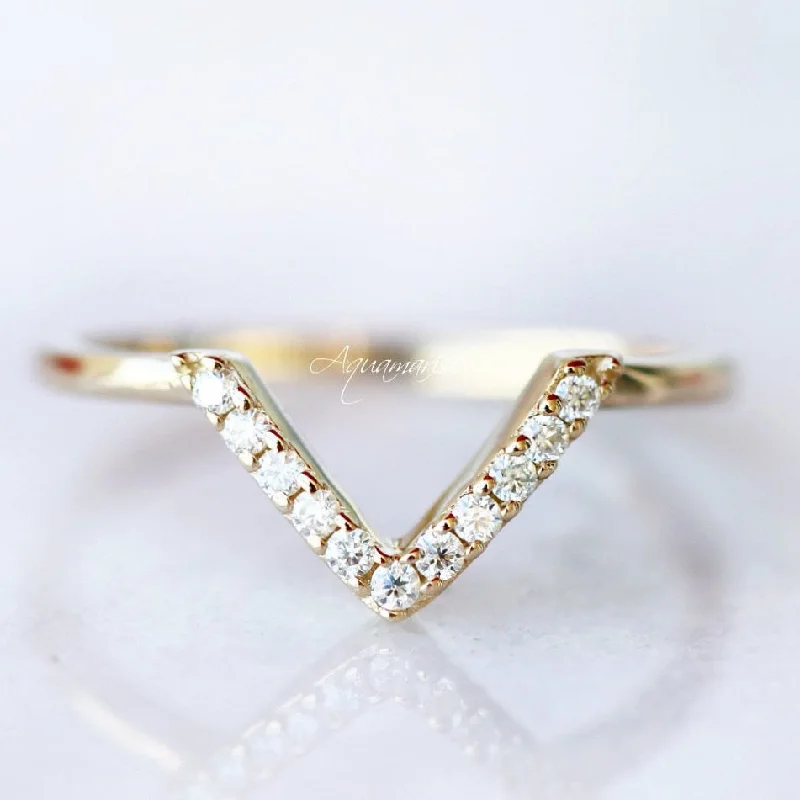 elegant engagement rings for women-Petite Chevron Diamond Wedding Band- 14K Solid Yellow Gold