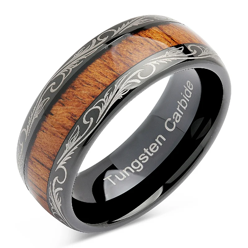 halo engagement rings for women-100S JEWELRY Tungsten Rings for Men Wedding Band Koa Wood Inlaid Dome Edge Comfort Fit Size 6-16