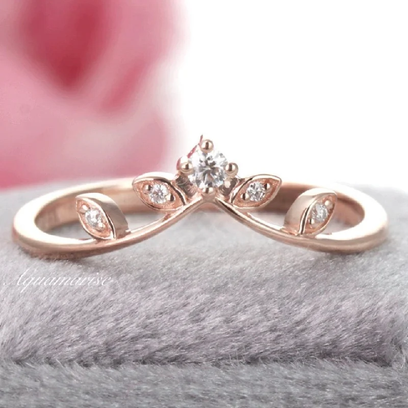 oval engagement rings for women-Floral Curved Wedding Band- 14K Solid Rose Gold