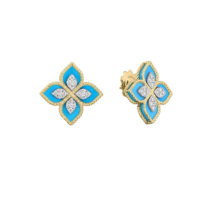 bold earrings for women-18K Yellow and White Gold Diamond and Turquoise Flower Earrings