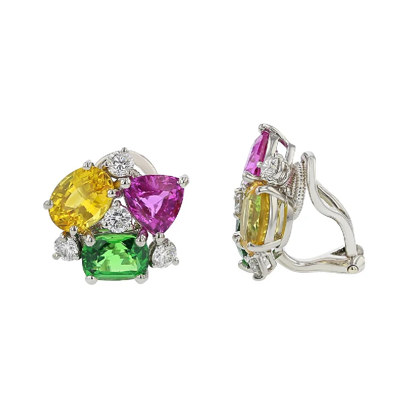 long earrings for women-Tsavorite, Pink Sapphire, Yellow Sapphire and Diamond Earrings