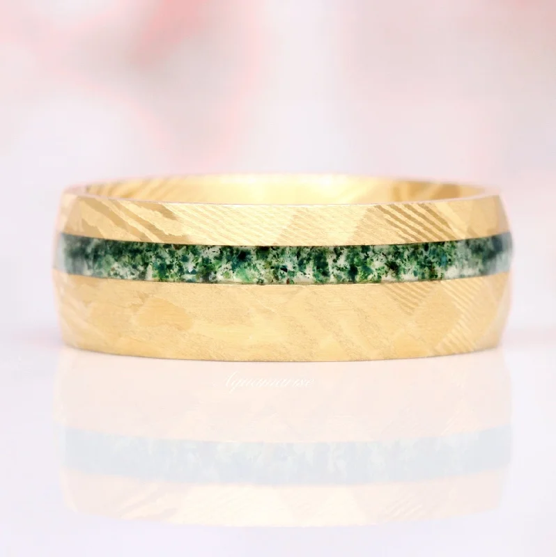 round diamond engagement rings for women-Moss Agate Wedding Band- 8MM Gold Damascus Steel