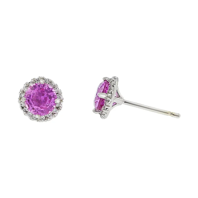 gold earrings for women-Pink Sapphire and Diamond Halo Stud Earrings