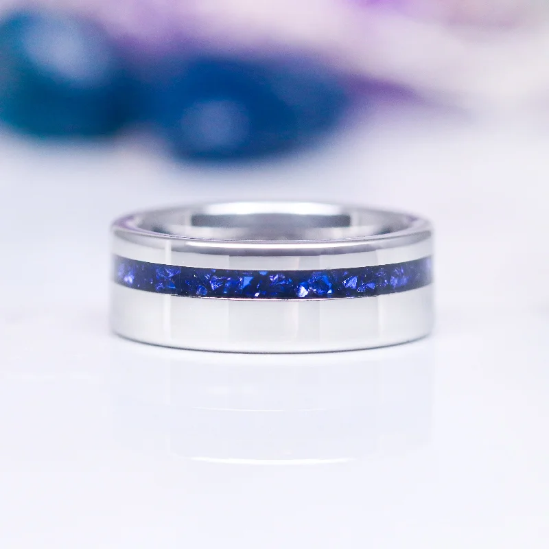 fancy engagement rings for women-Crushed Blue Sapphire Wedding Band- 8MM Tungsten