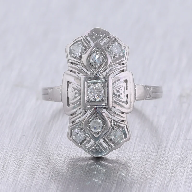 wide gold rings for women-1930's Antique Art Deco 14k White Gold 0.37ctw Diamond Filigree Ring