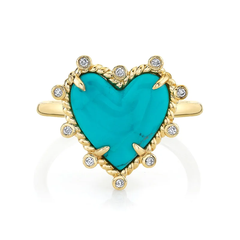 round cut engagement rings for women-Heart Twist Ring - White Diamond and Turquoise / 14k Yellow Gold