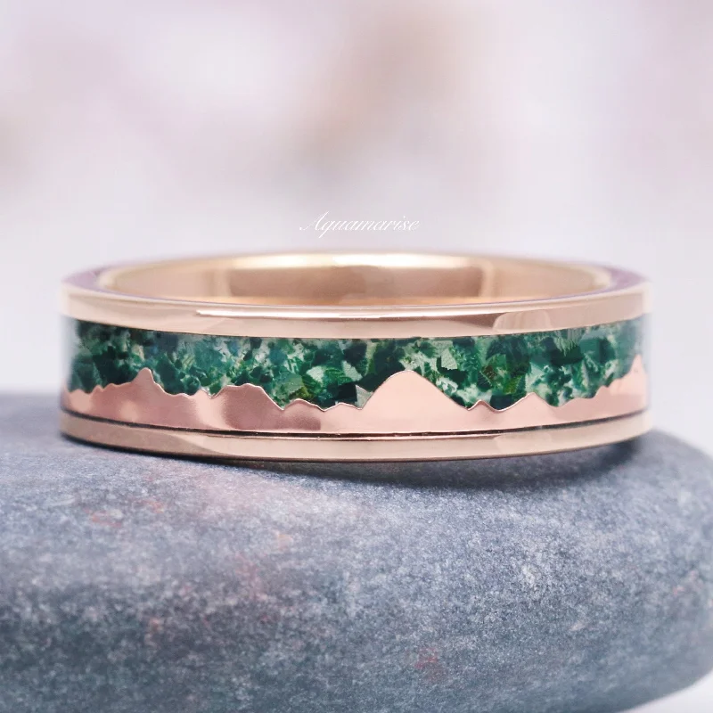 affordable vintage engagement rings for women-Mountain Range Moss Agate Wedding Band- 6MM Rose Gold Tungsten