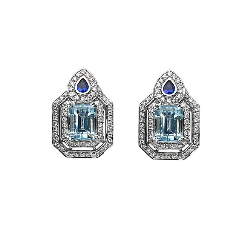 infinity stud earrings for women-Aquamarine and Diamond Halo Earrings with Sapphires in 18K White Gold