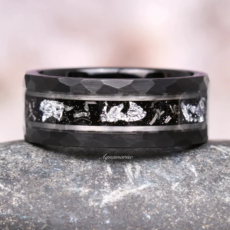 multi-stone engagement rings for women-Starry Night & Meteorite Wedding Band- 8MM Black Tungsten