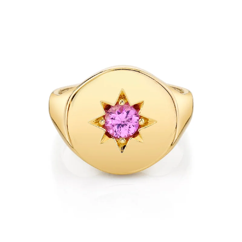 blue diamond rings for women-Star Set Signet Ring - Pink Sapphire / 14k Yellow Gold