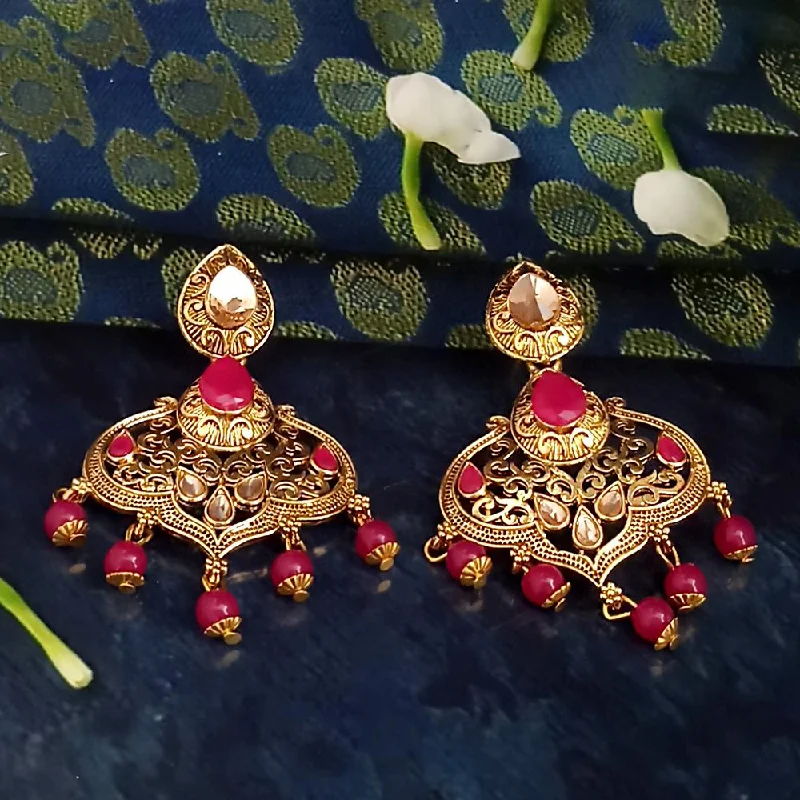 large earrings for women-JD Arts Antique Gold Plated Kundan Pink Beads Dangler Earrings - 1317625D