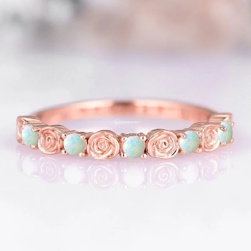 custom engagement rings for women-Dainty Rose Australian Opal Wedding Band- 14K Rose Gold Vermeil