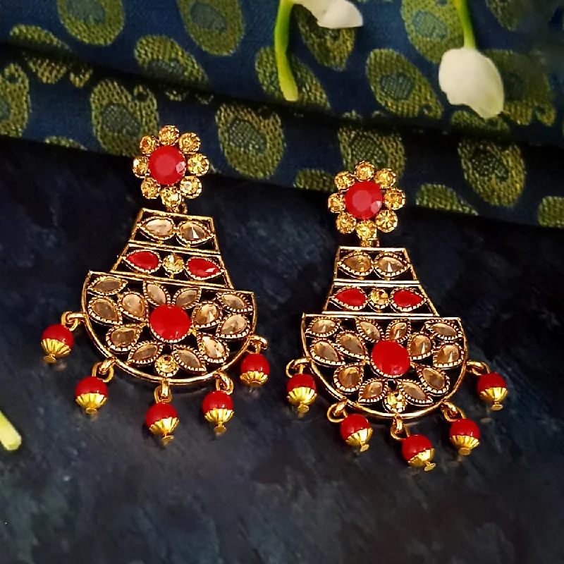 ruby earrings for women-JD Arts Antique Gold Plated Kundan Red Beads Dangler Earrings - 1317623B