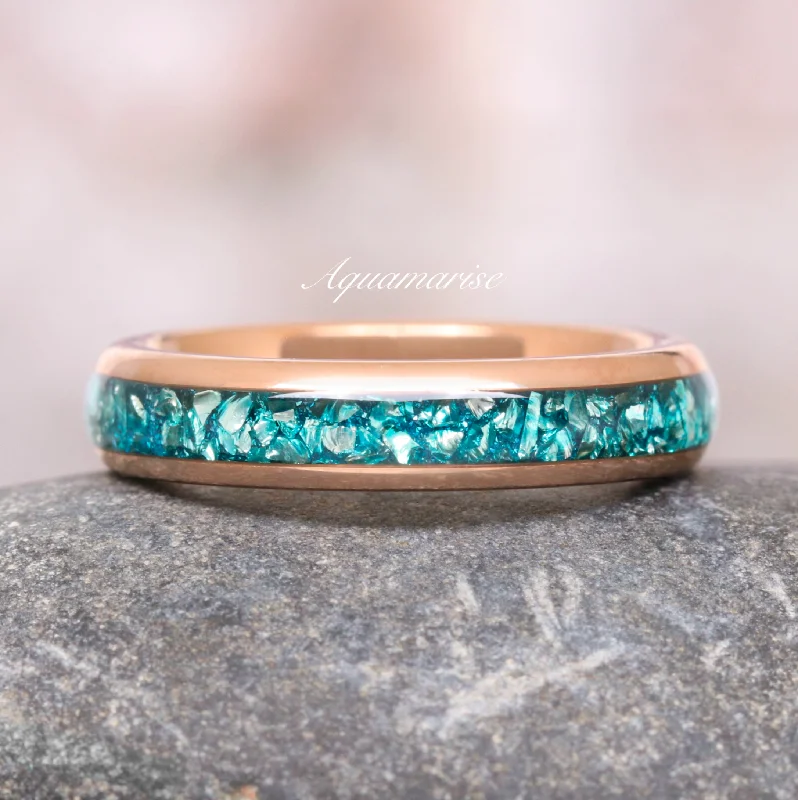 engagement rings with unique designs for women-Crushed Aquamarine Wedding Band- 4MM Rose Gold Tungsten