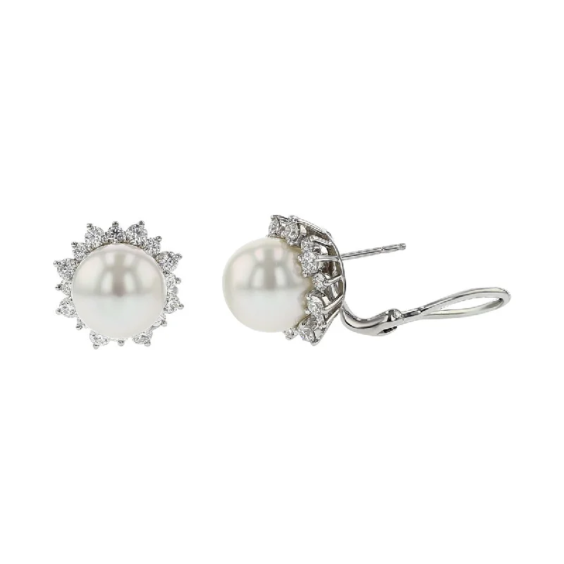 personalized earrings for women-White South Sea Pearl and Diamond Stud Earrings in White Gold