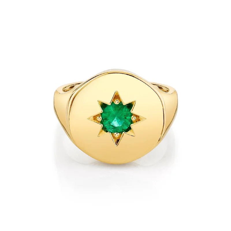 wedding rings with gemstones for women-Star Set Signet Ring - Emerald / 14k Yellow Gold