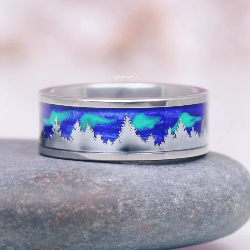 gold engagement rings for women-Aurora Borealis Wedding Band- Northern Lights & Trees 8MM Tungsten