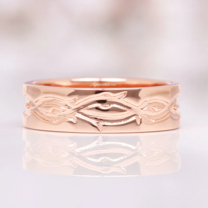 silver engagement rings with diamonds for women-Leaf Wedding Band- 6MM 14K Rose Gold Vermeil