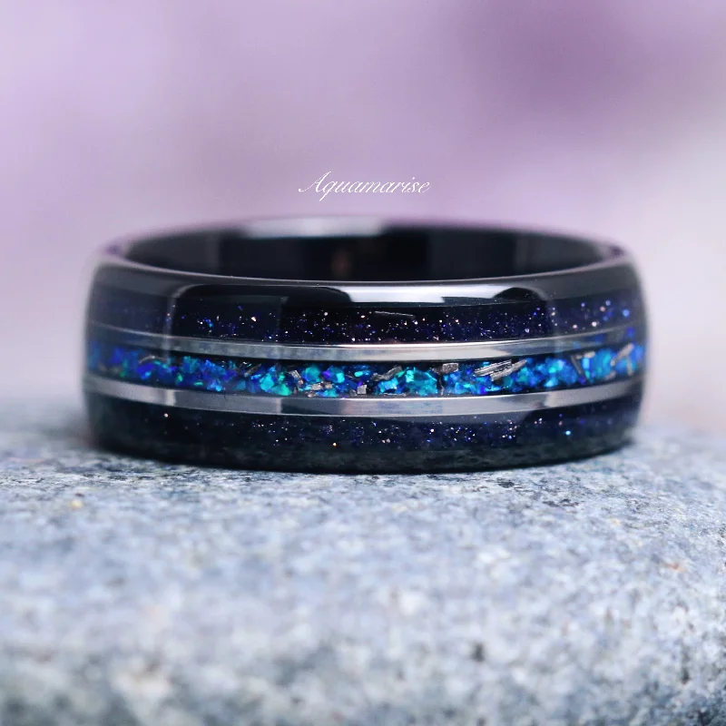 affordable engagement rings for brides-Starry Night, Meteorite, Blue Fire Opal Wedding Band- 8MM Black Tungsten