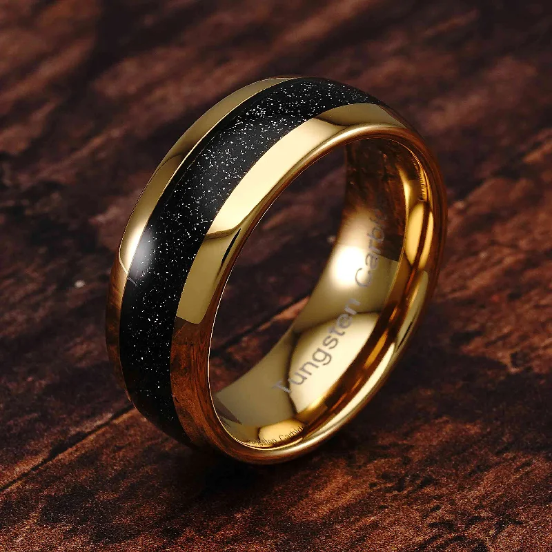 engagement rings with unique designs for women-100S JEWELRY Tungsten Ring for Men Wedding Band Black Sandstone Inlaid Gold Dome Size 6-16