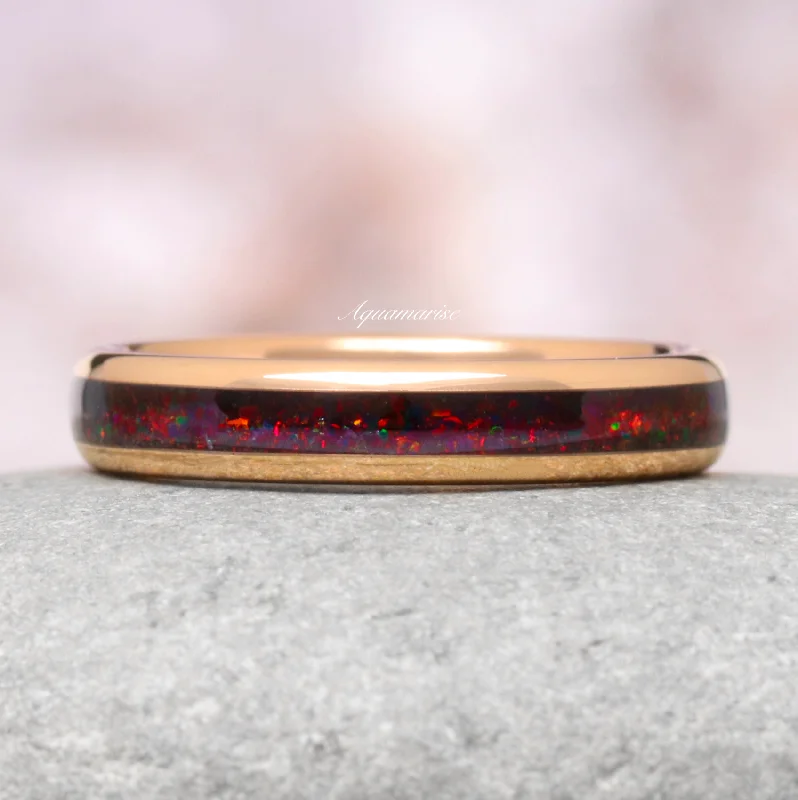 platinum engagement rings with diamonds for women-Crushed Black Fire Opal Wedding Band- 4MM Rose Gold Tungsten