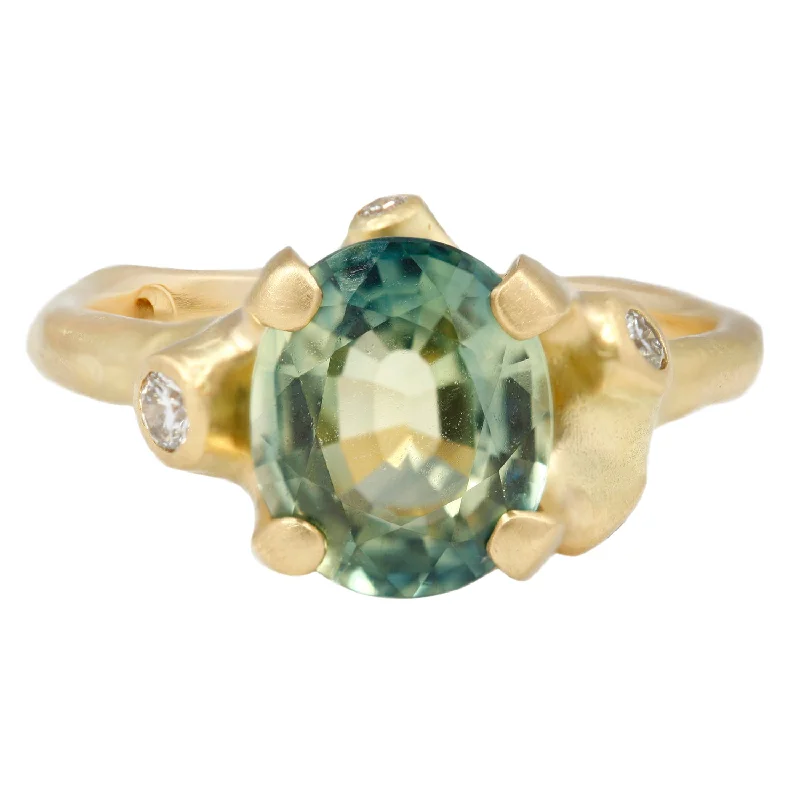 radiant cut engagement rings for women-Green Oval Sapphire Cluster Ring