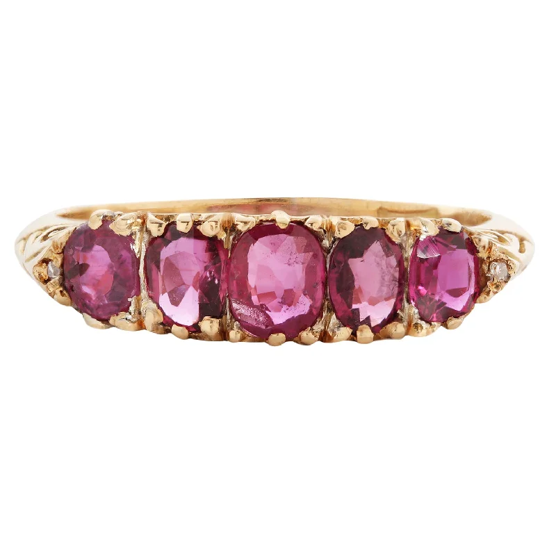 vintage inspired rings for women-Five Ruby Half Hoop Ring