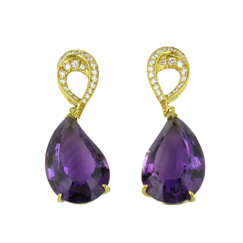 flower earrings for women-18K Yellow Gold Amethyst and Diamond Earrings