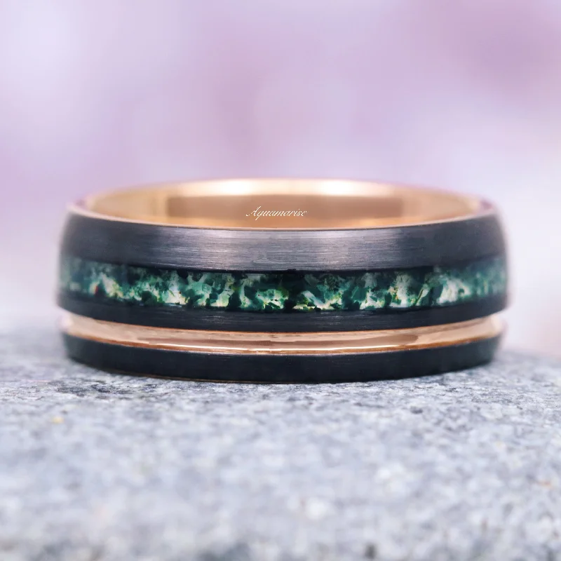 modern solitaire engagement rings for women-Moss Agate Wedding Band- 8MM Black & Rose Gold Tungsten