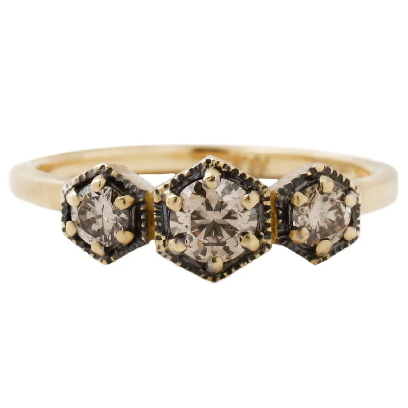 amethyst rings for women-Triple Brown Diamond Hexagon Ring