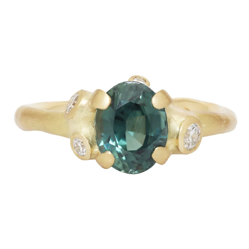 gemstone cluster rings for women-Oval Teal Sapphire Cluster Ring