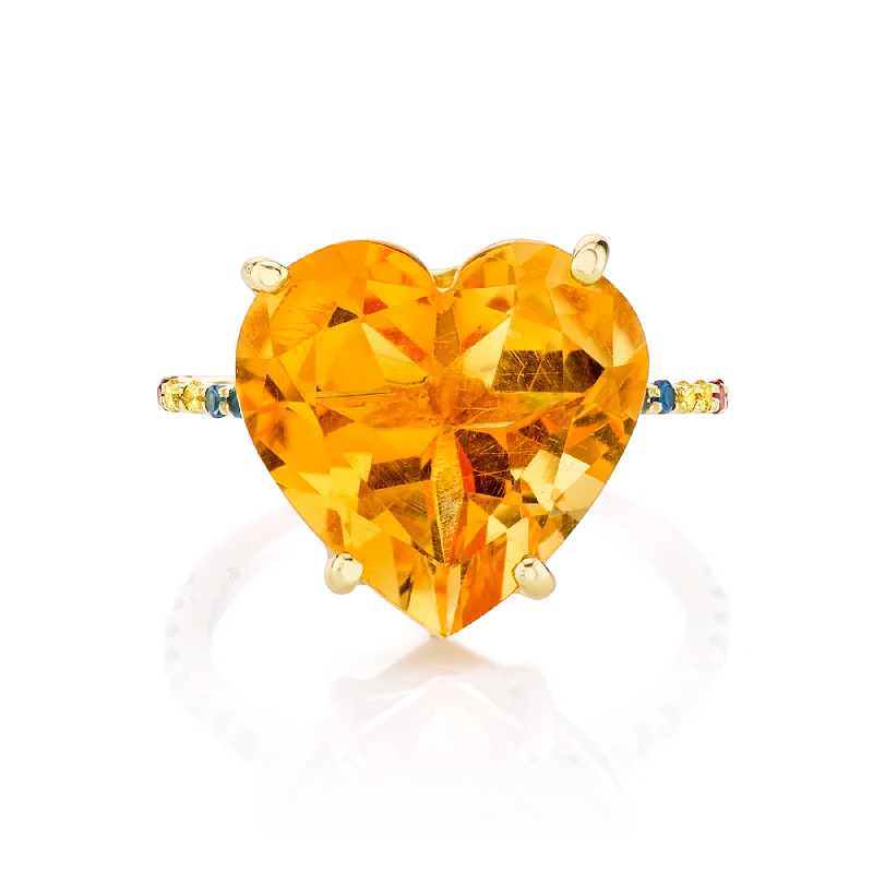 delicate rings for women-Heart Solitaire Ring - Citrine and Rainbow / 14k Yellow Gold